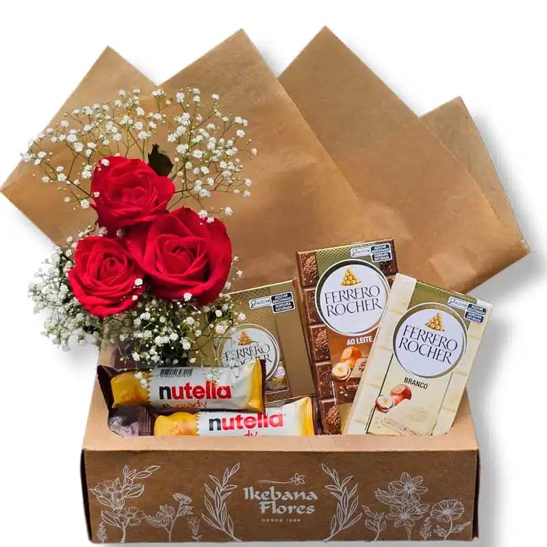 Cesta de presente com rosas vermelhas, chocolates Ferrero Rocher e Nutella, opção sofisticada para presentear em Belo Horizonte