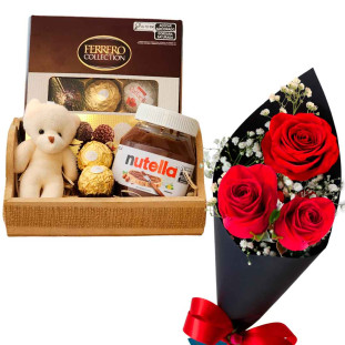 Cesta de presente com chocolates Ferrero Rocher, Nutella, ursinho de pelúcia e buquê de rosas vermelhas.