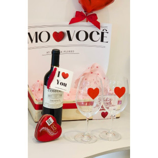 kit romântico para o dia dos namorados com flores, vinho, chocolates e balão