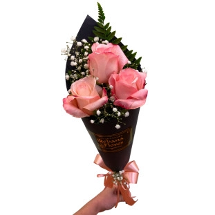 cone de 3 rosas rosadas na embalagem black